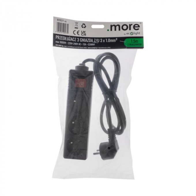 Przedłużacz 3GN 1.5M ZU+W czarny M20577 MORE ECOLIGHT