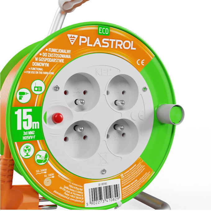Przedłużacz bębnowy 3x1mm 4-gniazda 15m W-98945 PLASTROL