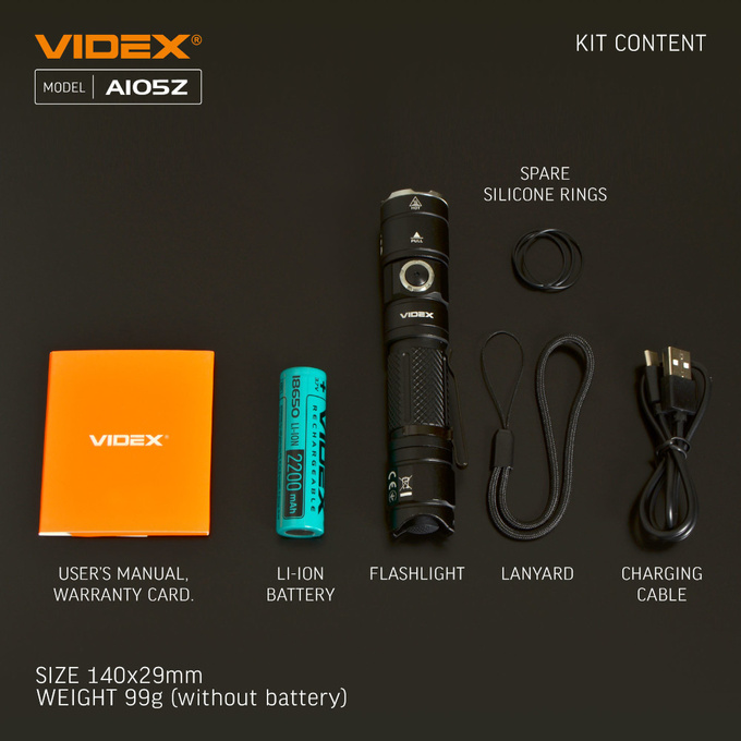 Latarka ręczna LED 10W 1200lm IP44 USB-C A105Z Videx