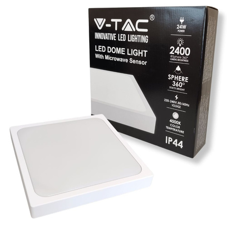 Plafon LED 24W 4000K + czujnik ruchu 2400LM IP44 kwadratowy biały 7667 V-TAC