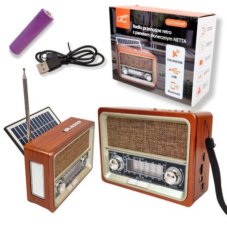 Radio przenośne retro z latarką i panelem słonecznym FM/AM/SW/USB NETTA LTC103UBT LAMEX