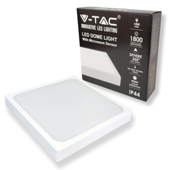 Plafon LED 18W 4000K+czujnik ruchu 1800lm IP44 kwadratowy biały 7666 V-TAC