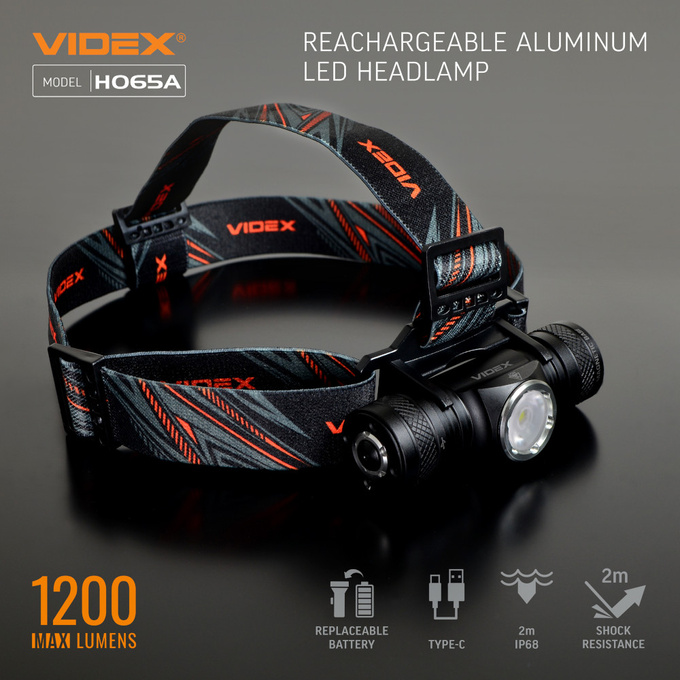 Latarka czołowa LED 10W 1200lm IP68 USB-C magnes H065A VIDEX