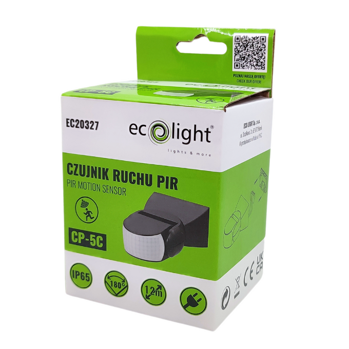 Czujnik ruchu PIR CP-5B IP65 12m czarny EC20327 ECOLIGHT