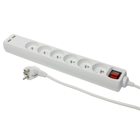 Przedłużacz z włącznikiem 6-gniazd 3m Z/U biały 10A 2xUSB W-98168 PLASTROL