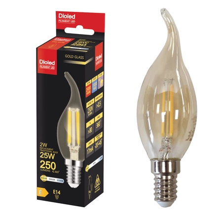 Żarówka LED B35 świeczka E14 2W 3000K 250lm filament GOLD dekoracyjna DIO-0170 DIOLED