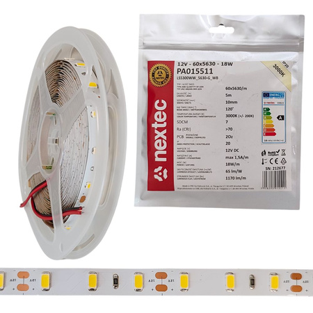 Taśma LED 12V 5m 18W/m 1170lm/m 3000K IP20 Nextec