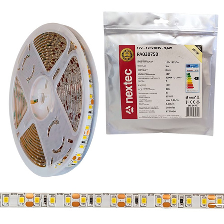 Taśma LED 12V 5m 9,6W/m 3000K 672lm/m barwa ciepła IP63 Nextec