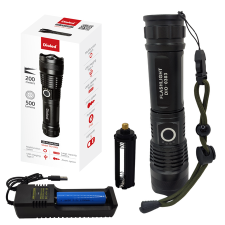 Latarka ręczna LED akumulatorowa 500lm ZOOM USB DIO-0303 DIOLED