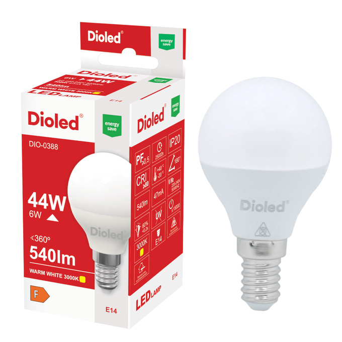 Żarówka LED kulka E14 6W 3000K 540lm DIO-0388 DIOLED