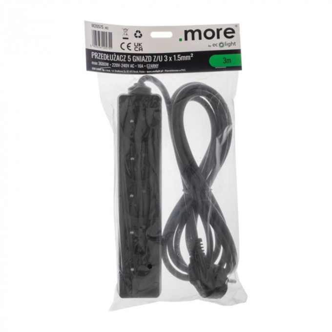 Przedłużacz 5GN 3M ZU czarny M20575 MORE ECOLIGHT