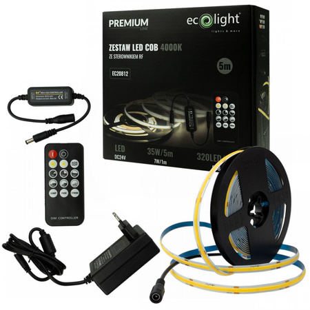 Zestaw taśma LED COB 24V 5M 7W/m 630lm/m 4000K IP20 + zasilacz sieciowy + sterownik LED RF14 z pilotem EC20812 ECOLIGHT