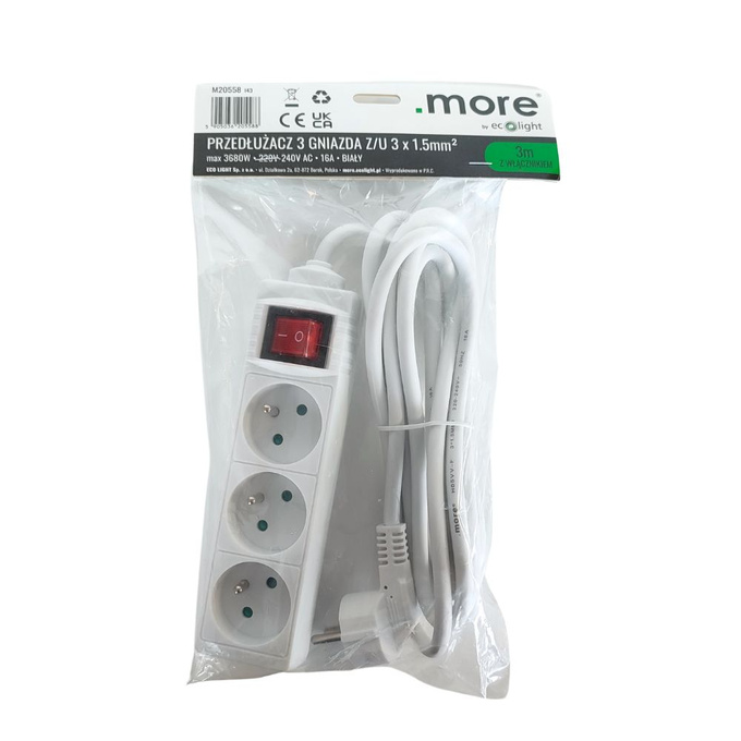 Przedłużacz 3GN + włącznik 3m Z/U BIAŁY M20558 ECOLIGHT