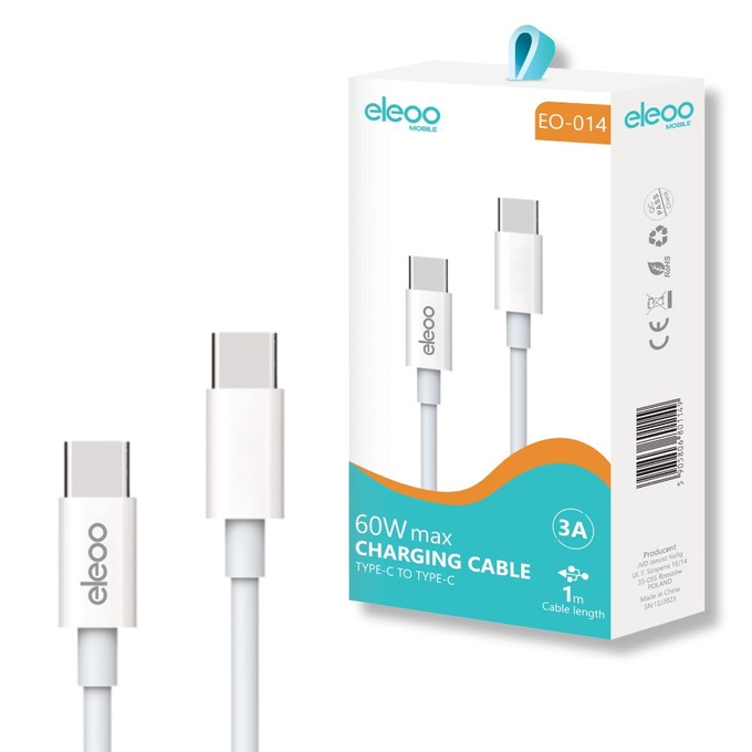 Kabel USB-C do USB-C 3A 60W 1m BIAŁY EO-014 eleoo