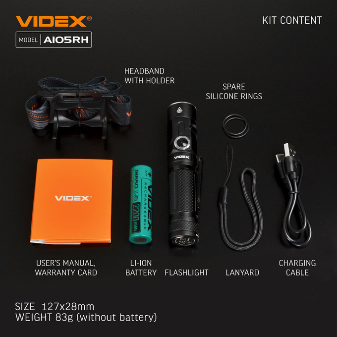 Latarka ręczna LED 10W 1200lm IP66 USB-C A105RH Videx