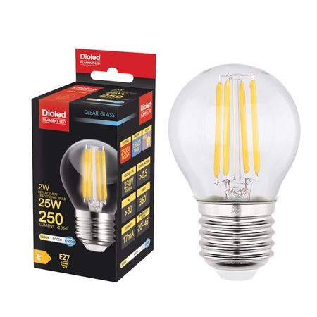 Żarówka LED P45 kulka E27 2W 6500K 250lm filament DIO-0192 DIOLED