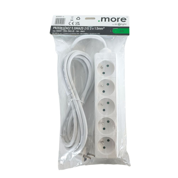 Przedłużacz 5GN 3M Z/U BIAŁY M20555 ECOLIGHT