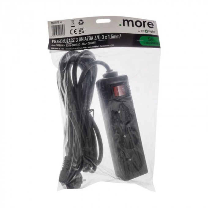 Przedłużacz 3GN 5M ZU+W czarny M20579 ECOLIGHT