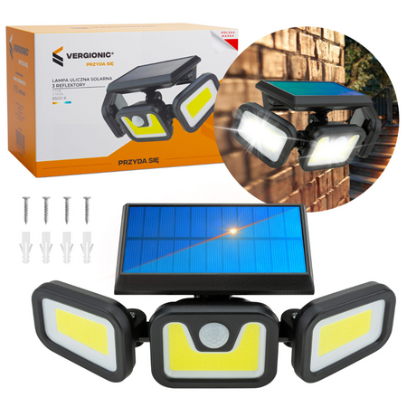 Naświetlacz solarny LED 3XCOB+CZUJNIK ZMROKU RUCHU Vergionic