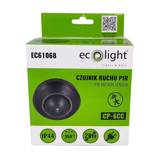 Czujnik ruchu PIR CP-6CC IP44 20M czarny EC61068 ECOLIGHT