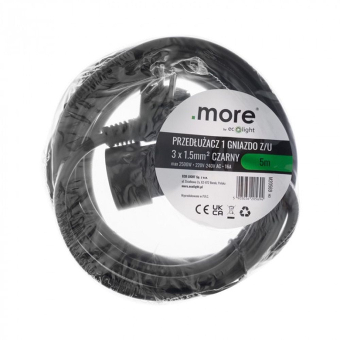 Przedłużacz 1 gniazdo z uziemieniem 5m czarny IP20 M20569 ECOLIGHT