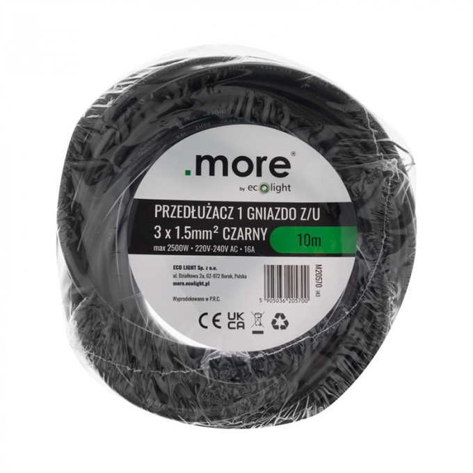 Przedłużacz 1GN z uziemieniem 10m czarny IP20 M20570 ECOLIGHT