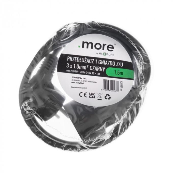 Przedłużacz jedno gniazdo z uziemieniem 1.5m czarny IP20 M20567 ECOLIGHT