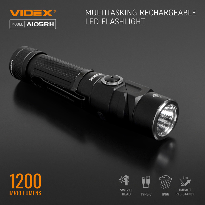Latarka ręczna LED 10W 1200lm IP66 USB-C A105RH Videx