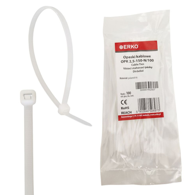Opaska kablowa zaciskowa 2,5x150 naturalna ERKO