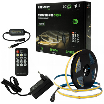 Zestaw taśma LED COB 24V 5M 7W/m 630lm/m 3000K IP20 + zasilacz sieciowy + sterownik LED RF14 z pilotem EC20811 ECOLIGHT