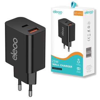 Ładowarka sieciowa USB-C USB-A 3A PD 25W CZARNA EO-012 eleoo