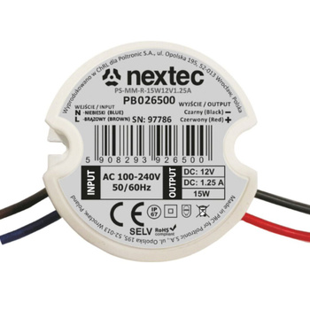 Zasilacz LED 12V 15W 1,25A IP67 DO PUSZKI Nextec